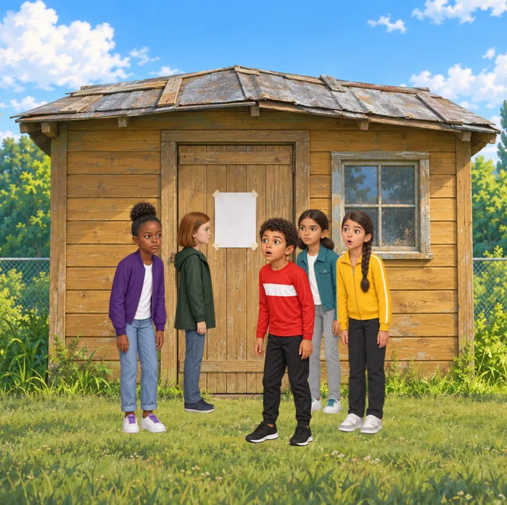 Ruby reads the notice on the old clubhouse door as the other children gather around