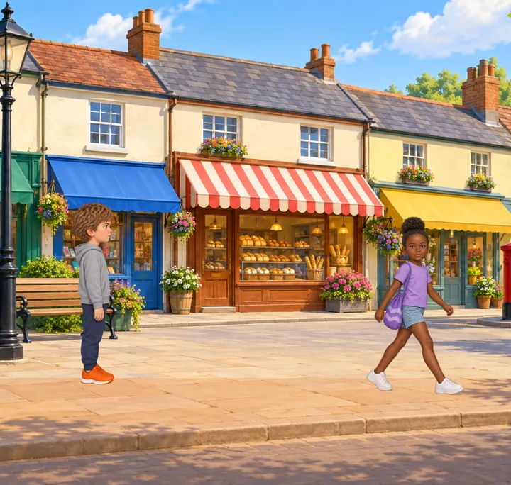 Jonah watches Dara hurry past the bakery in Wrenfield's painted village high street